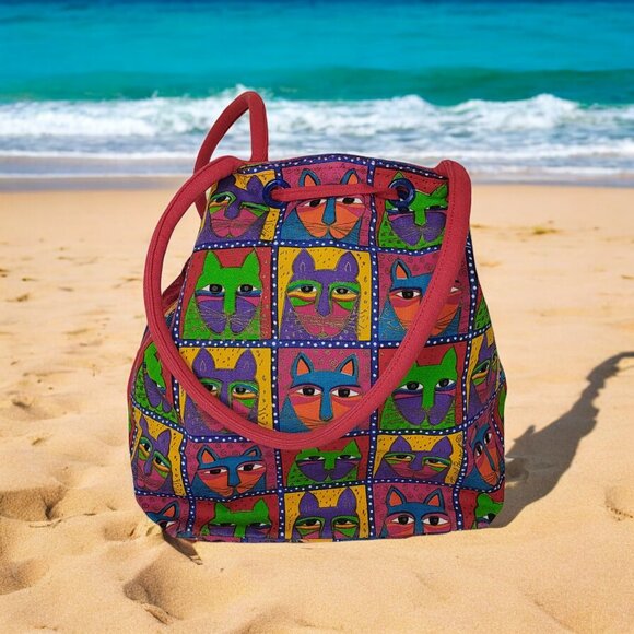 Laurel Burch Red Tote Bag Cat Print Sequins w/Tag & Block Sun N Sand Vintage - Picture 1 of 16
